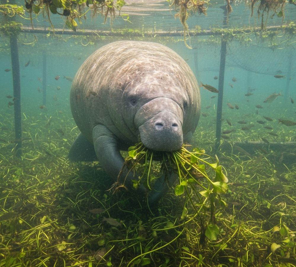 Peixe-boi da Amazônia come 8% do seu peso em plantas por dia e isso pode resolver um problema sério na piscicultura